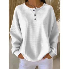 Ins Waffle Long-sleeved T-shirt Fashion Solid Color Buttons Round Neck Pullover Top Women's Clothing (Option: White-M)